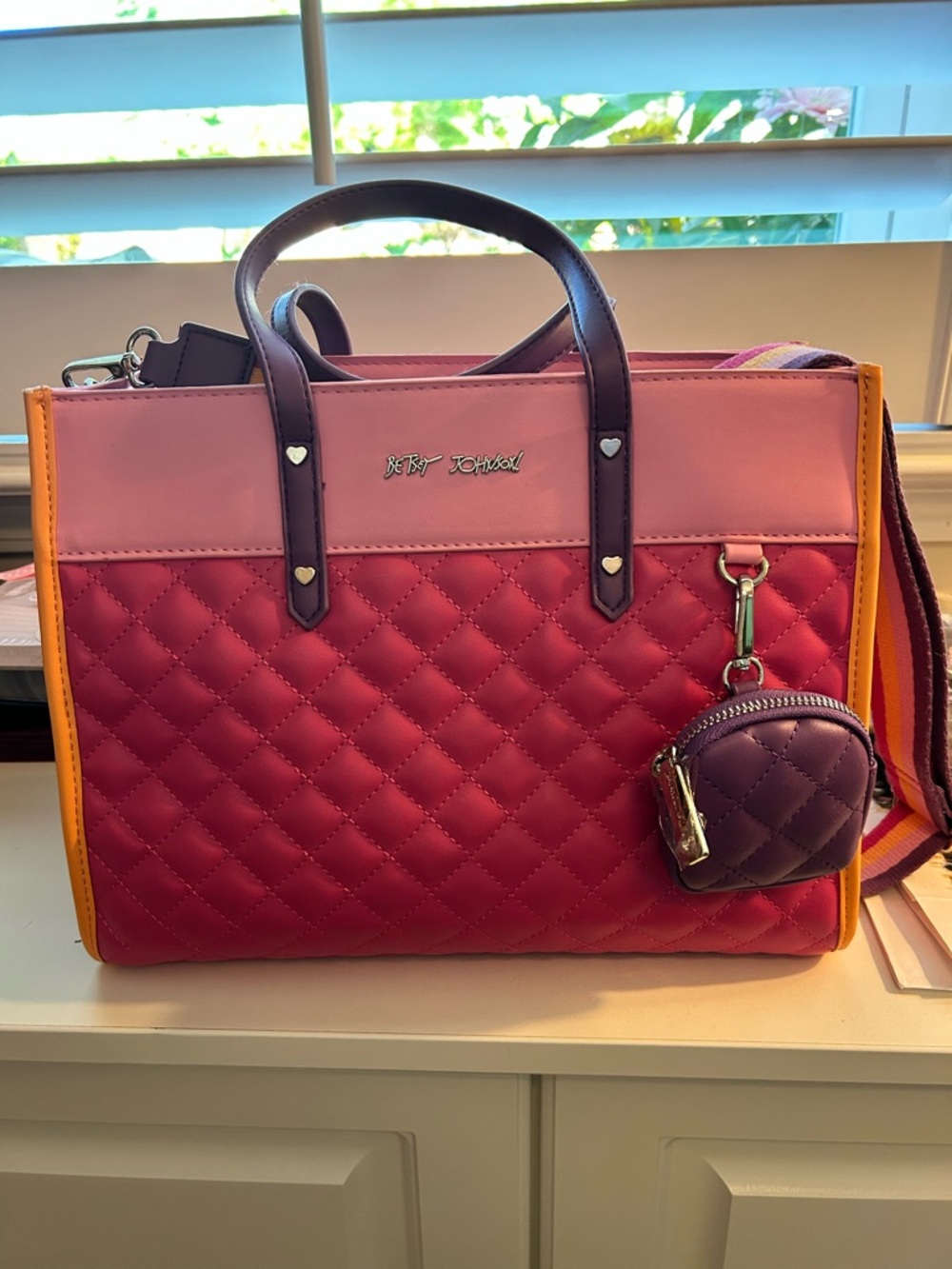 Betsey Johnson Pink, Magenta & Orange Quilted Satchel with Purple Pouch